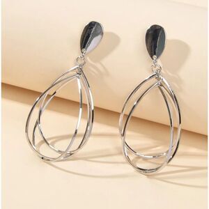 Silver Multi Layer Open Teardrop Dangle Earrings Drop Pendant Charm Post Back